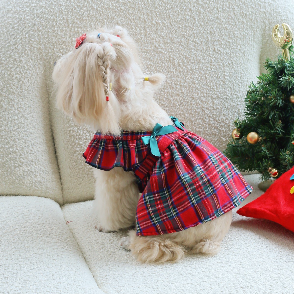 Red Tartan Pattern  Plaid Dog Dress with Turquoise Bow
